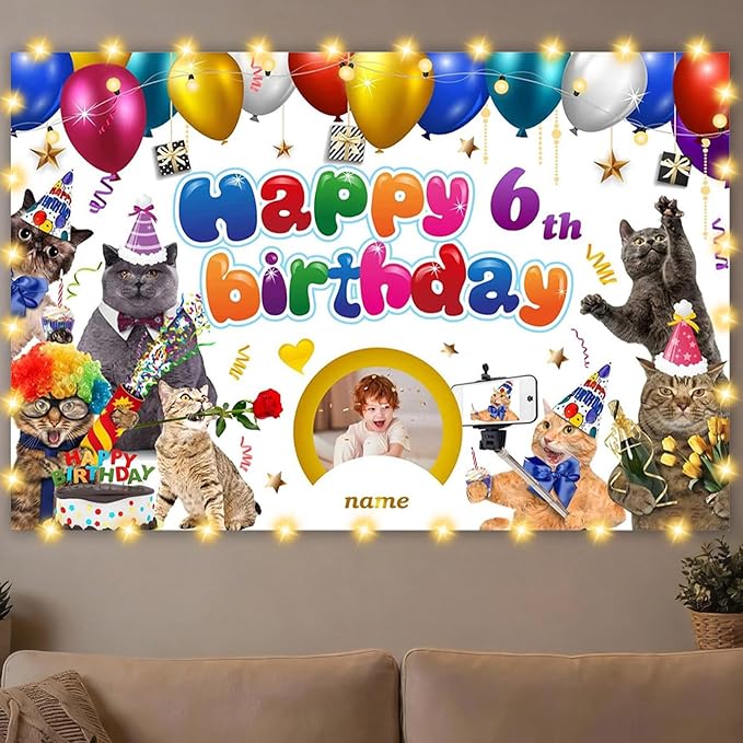 Dicodes Custom Cat Birthday Decorations,Personalization Cat Themed Birthday Party Supplies,Cat Theme Happy Birthday Banner Background, 4x6ft/5x7.5ft/6x9ft/7x10.5ft/8x12ft