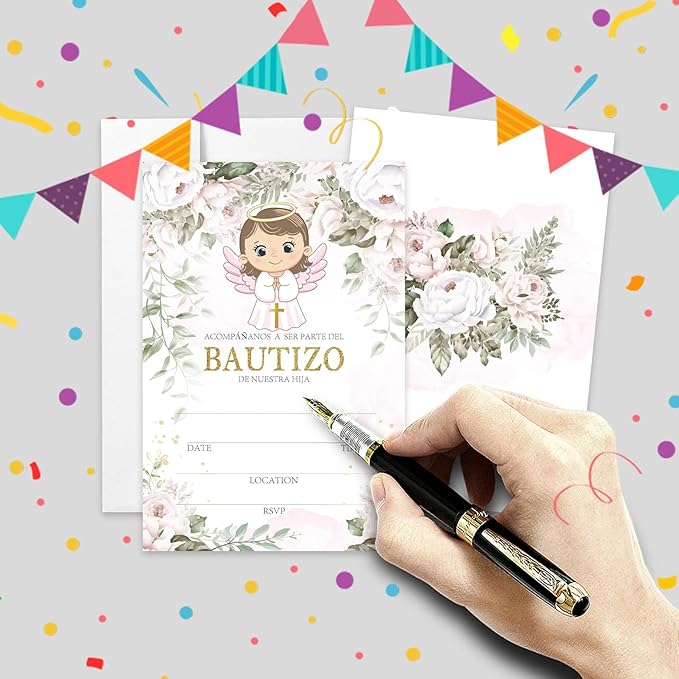 AEHIE 20 Sets Bautizo Baptism Baby Shower Party Shaped Fill-In Invitations With Envelopes, Pink Floral Angel Gold Cross Invitations Cards for Girls, Christening First Holy Communion Party Invites