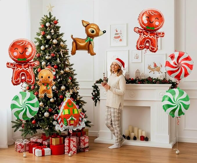 KatchOn, Merry Christmas Balloons Decorations - 32 Inch, Pack of 8 | Foil Balloon Christmas Decorations Indoor | Candy Cane Balloon, Gingerbread Balloons for Party Decorations | Holiday Decor