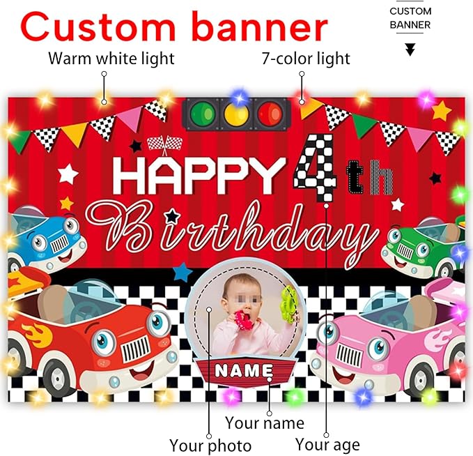 Dicodes Custom Car Theme Birthday Decorations Banner - Personalized Fabric Banner for Birthday Party Supplies