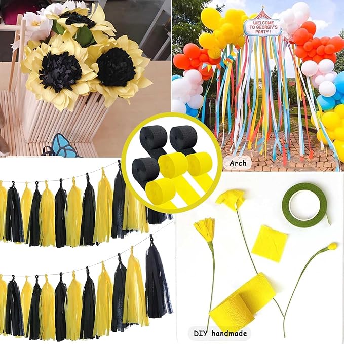 Yellow and Black Crepe Paper 6 Pcs Streamers for Party Decorations, Birthday Wedding DIY Crafts, Gift Wrapping Supplies