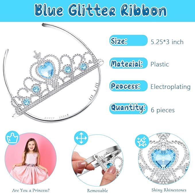 Chalyna 12 Pcs Princess Crowns Tiara Wand for Little Girl Silver Heart Jewel Plastic Tiara Winter Gift for Birthday(Blue,Snowflake Style)