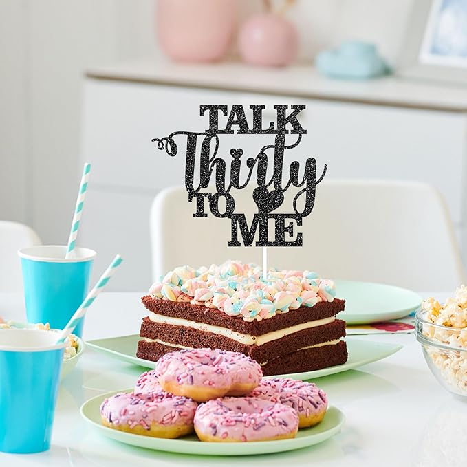 Talk Thirty to Me Cake Topper, Black Glitter Dirty 30 for 30th Birthday Wedding Anniversary Hello 30 Party Decoration Supplies