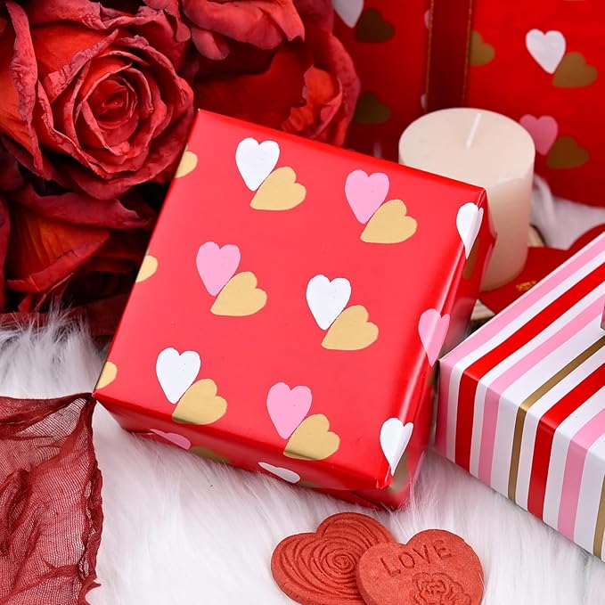 MAYPLUSS Reversible Valentine's Day Wrapping Paper Roll - 17 Inch X 33 Feet - Red Gold Foil Double Love Heart Design Lover Gift Wrap for Valentine’s Day, Birthdays, Wedding, Anniversaries and Holiday
