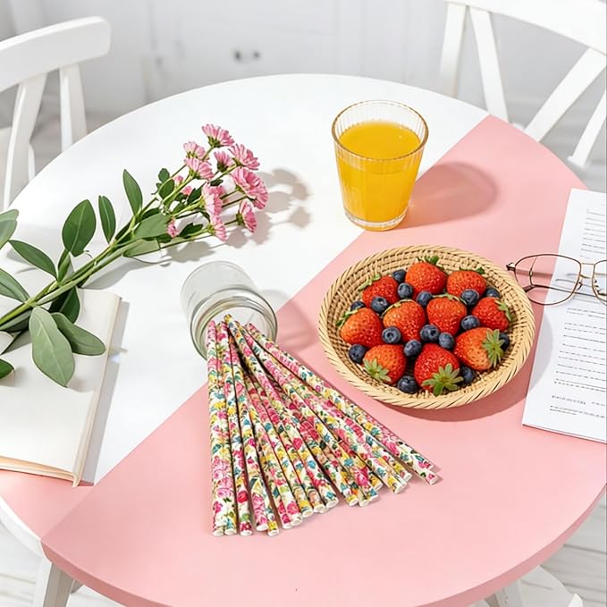 100 pcs Colorful Rose Flower Paper Straws, Green Pink Red Yellow Blue Purple Colored Floral Leaf Drinking Straws, Garden Tea Party Wedding Spring Summer Valentine Decor Cake Pop Sticks (Flower 011)