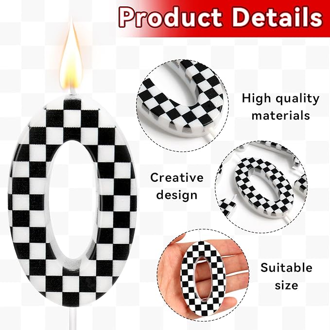 Racing Car Themed Birthday Candles, Number 0 Checkered Candles, Black & White Checkered Cake Decoration, Car Cake Topper for Party Decoration Theme Party Supplies