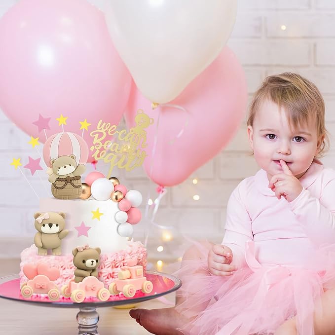 Yinder Bear Cake Toppers Mini Bear Cake Decorations Cake Toppers Gold White Pearl Ball for Birthday Party Decorations(Pink, Brown,Vivid Style)