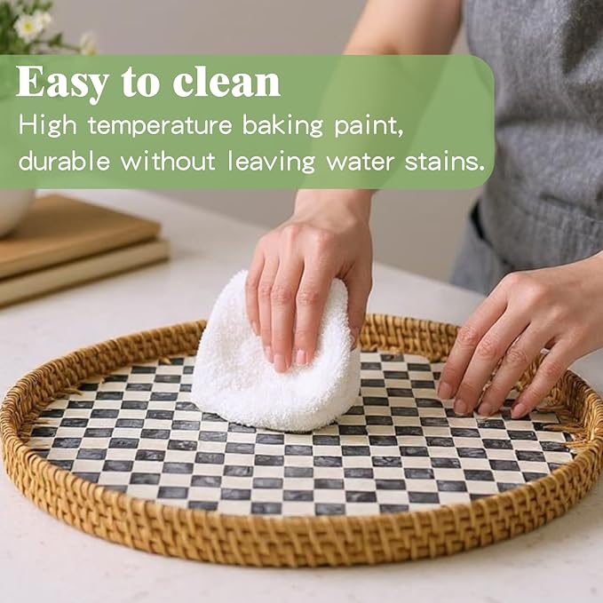 Round Rattan Tray with Mother of Pearl Inlay, Handwoven Wicker Coffee Table Serving Basket Tray for Fruit Snack Party Picnic Cafe Bedroom Kitchen Home Decor Set of 2 (Checkerboard)