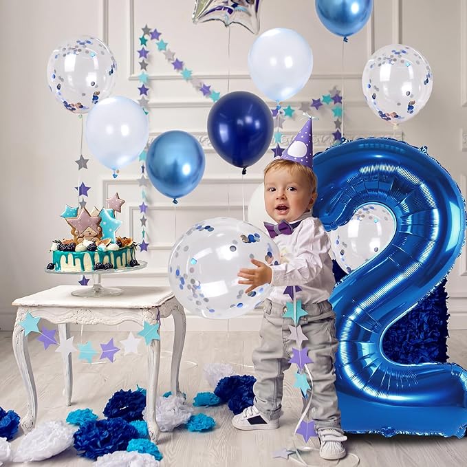 Foil Number Balloons - 2nd Birthday, Pastel Helium Balloons, 40 inch, Navy, Dark Blue, Silver Confetti, Self Inflating, Big Two, Boys' Birthday Party Decor