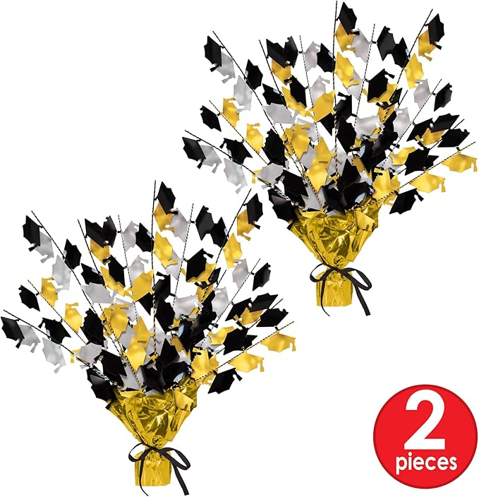 Beistle 2-Pack Metallic Gleam ’N Burst Centerpiece, Black/Gold/Silver Table Decor for Graduation Party with Mini Grad Caps, Tableware Decorations, 15"