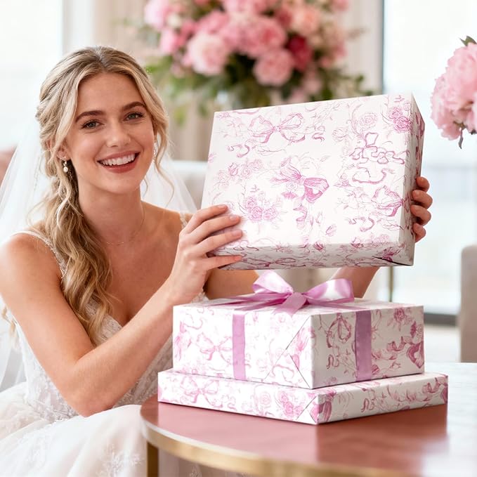 WERNNSAI Pink Bow Floral Wrapping Paper - 1 Roll 17”x 33 ft Vintage Flower Gift Wrap Paper Pink Bow Princess Gift Packing for Girls Bridal Shower Wedding Coquette Birthday Party Favor