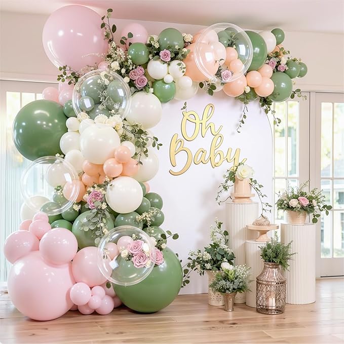 Pink and Green Balloons Arch Kit, Light Dusty Pastel Pink Sage Green Sand White Light Orange Balloons Garland Kit for Wedding Birthday Bridal Shower Bloom Woodland Boho Party Decorations