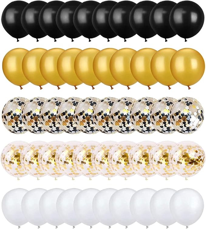 72 Pack Black Gold Confetti Balloons Kit, 12 Inch Black Gold White Balloons and Gold Confetti Balloons with Balloon Ribbons for Graduation Birthday Wedding Baby Shower Party Decorations
