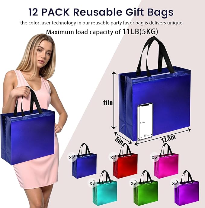 VGOODALL 12PCS Reusable Gift Bags, 12.6"x5"x11" Large Party Favor Bags with Handles, Blue Green Purple Red Teal Rose for Birthday Wedding