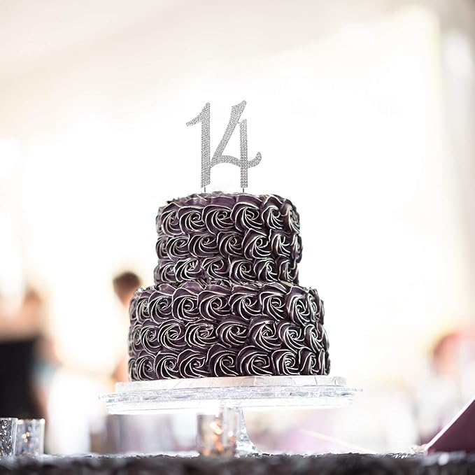 LINGPAR 14 Years Birthday Cake Topper - New Best Crystal Rhinestone 14th Wedding Anniversary Or 14 Years Old Cake Topper Party Decoration Silver