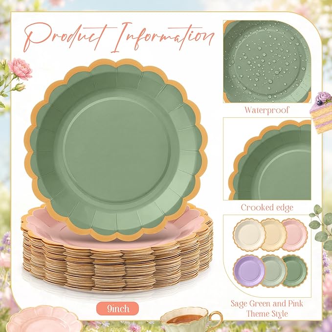 Paper Plates 9 Inch Gradient Scalloped Paper Plates Disposable Dinner Dessert for Birthday Wedding Bridal Party Supplies, 6 Colors (Sage Green and Pink,96)