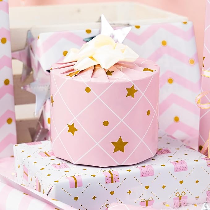 MAYPLUSS Pink Wrapping Paper Roll, Birthday Wrapping Paper for Girl, Pastel Pink Girly Gift Wrap Paper for Valentines Day, Christmas, Wedding, Baby Shower (Mini Roll, 17 inch x 120 inch Per Roll)
