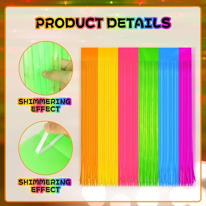 4 Pack Glow in The Dark Curtains Party Supplies 6.6 x 3.3 Ft Glow Tinsel Foil Fringe Curtains Colorful Patchwork Streamer Backdrop for Birthday Holiday Neon Party Decorations