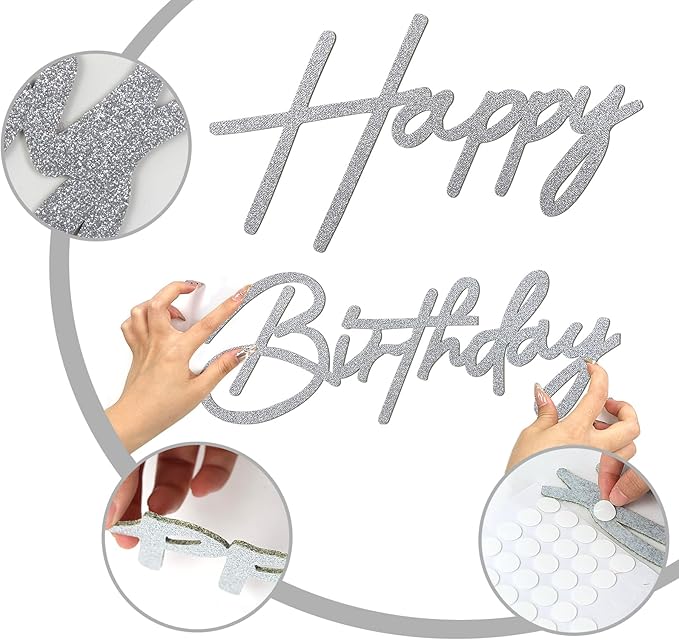 Happy Birthday Sign for Backdrop - Glitter Silver Felt 'Happy Birthday' Letter Sign for Balloon Arch Backdrop Decorations