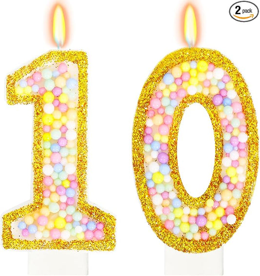 10th Birthday Candle for Cake, Colorful Macaron Numeral Candles for Boys/Girls, Birthday Party Cake Decorations, Golden Cake Topper for Birthday Party Supplies (Number 10)
