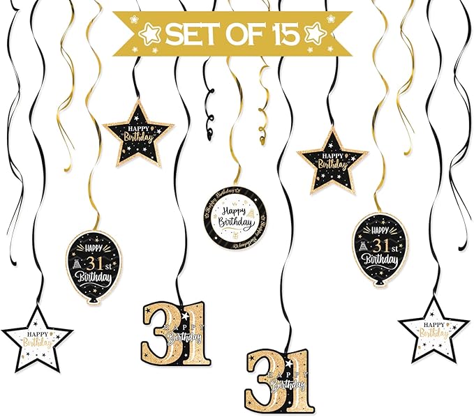 Happy 31st Birthday Black & Gold Glitter Swirls Streamers Party Decorations - 15 Pcs 31st Birthday Hanging Swirls Streamers Kit,Perfect for 31st Bday Party Sign.