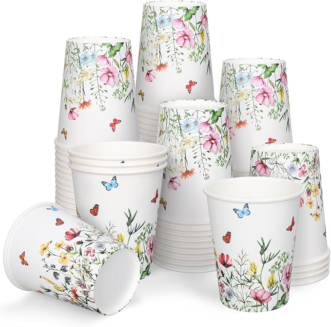 FYSUIMU 50Pcs Wildflower Paper Cup 9 Oz Disposable Coffee Cups Floral Party Cups for Spring Wedding Bridal Baby Shower Birthday Party Supplies