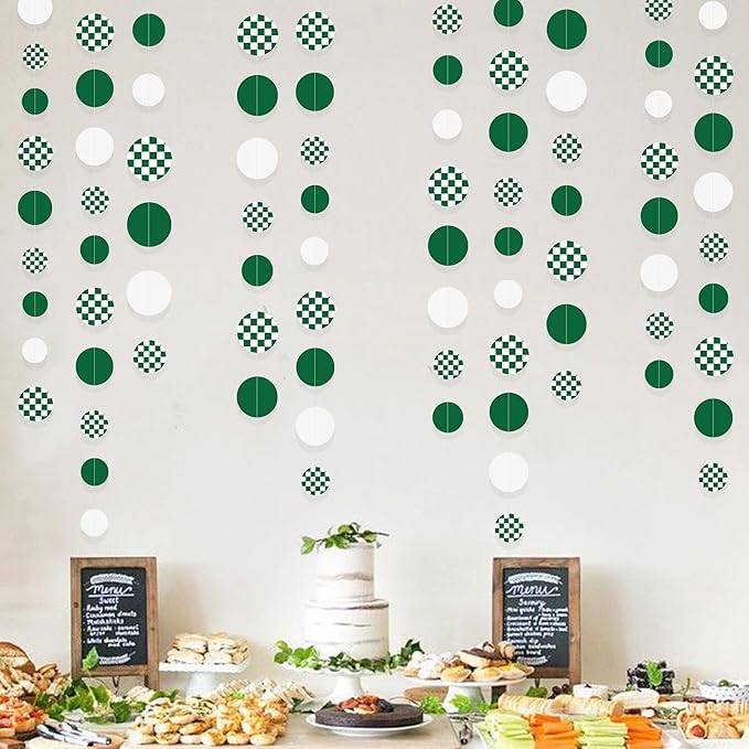 Green Party Decorations White Green Checkered Circle Dots Streamer Hanging Paper Polka Dot Garland for Birthday Wedding Baby Shower Bachelorette Christmas Dinosaur Arbor Day Picnic Golf Party Supplies