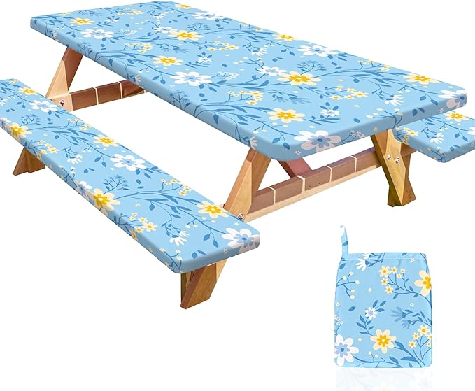 Picnic Table Cover with Bench Covers Portable Table Cloth Built-in Storage Pocket Fitted Tablecloth with Elastic Edges Waterproof Camping Essentials for Indoor Outdoor Rv,72in,Light Blue