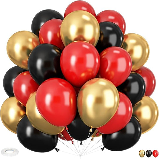 HILAVO Red Black and Gold Balloons, 60Pcs 12 Inch Red and Black Gold Party Balloons Casino Theme Party Decoration for Graduation New Year Casino Movies Night Festival Birthday Party Decorations