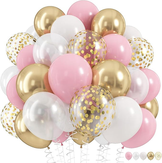 Pink Gold Balloons Set, 60Pcs 12 Inch Pastal Baby Pink Metallic Gold White Balloon with Gold Confetti Latex Balloons for Girls Women Birthday Wedding Baby Bridal Shower Party Decorations Supplies