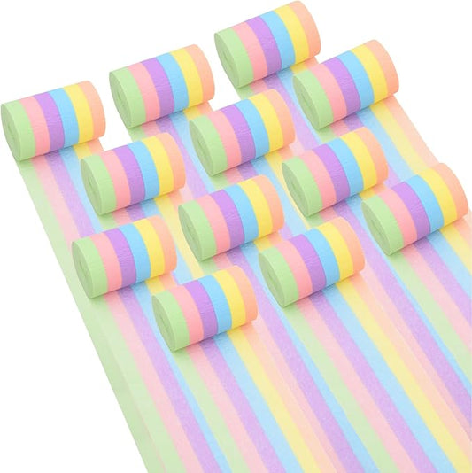 Oubest 12 Rolls Pastel Crepe Paper Streamers - 394 Ft Colorful Party Streamers Bulk for Birthday, Wedding, Baby Shower Decorations, Rainbow Crepe Paper Roll for Backdrop Ceiling Doorway DIY Crafts
