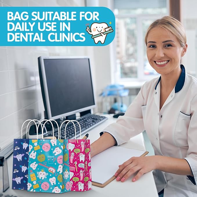 Gaillty 24 Pcs Dental Gift Bags Paper Tooth Merchandise Bags with Handles Teeth Goodie Treat Bag for Patient Dental Assistant Appreciation Week Gifts Dentist Clinics Office Hygiene Party Favors
