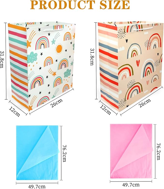 Gift Bag for Girls, Birthday Large Gift Bag Bulk Set Included 2 Pack Paper Gift Bags with Tissue Paper, Rainbow Gift Bags for Kids, Baby, The Colorful Pink Red Gift Bags with Handles, The Pretty Present Bag Gift Bags for Birthday, Party, Baby Shower (1...