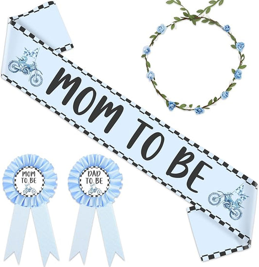 Dirt Bike Baby Shower Party Favor Motorcycle Mom to Be Sash Dirt Motor Mom to Be Dad to Be Corsage Pins and Headband for New Parents Blue Gender Reveal Decors Supplies Gifts