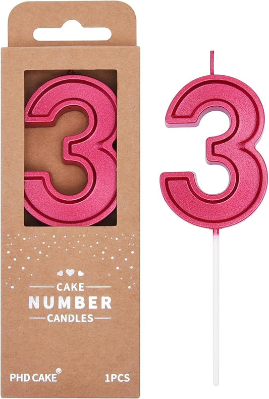 PHD CAKE 2.76 Inch Luxe Red 3 Number Birthday Candles, Red Number Candles, Cake Number Candles, Party Celebration