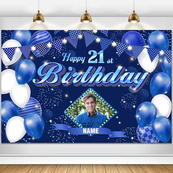 Custom Navy blue Theme 21st Birthday Decorations Banner - Personalized Fabric Banner for 21st Birthday Party Supplies