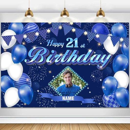 Custom Navy blue Theme 21st Birthday Decorations Banner - Personalized Fabric Banner for 21st Birthday Party Supplies