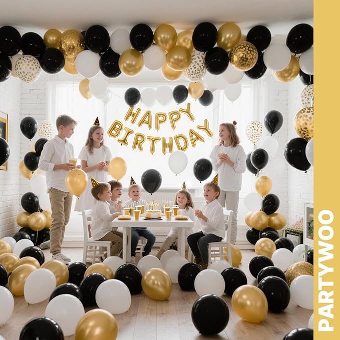 PartyWoo Black and Gold Balloons 66pcs 12 Inch Matte Black White Metallic Chrome Gold Confetti Balloons for Graduation Baby Shower Birthday New Year's Eve Anniversary Bachelorette Party Decorations