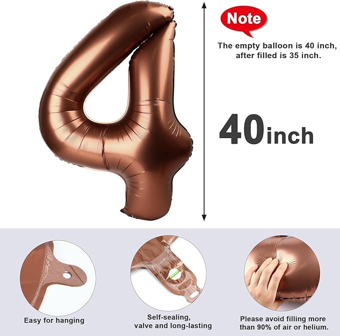 40 Inch Large Numbers Balloon, 4 Coffee Brown Ballon for 4th 14 40 44 Birthday Party, Balloon 4 Number for Graduations Wedding Supplies