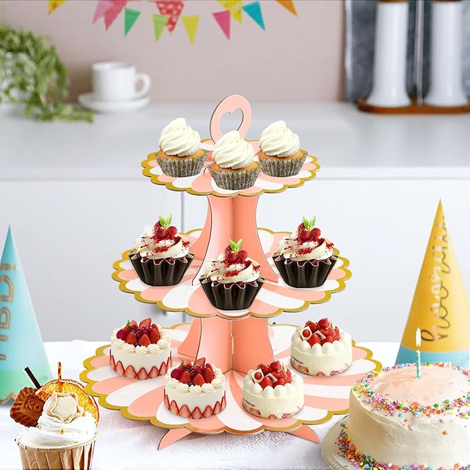 Soleebee 3-Tier Cupcake Stand, Cardboard Cupcake Tower, Dessert Cup Cake Stand Tower for Birthday Wedding Party Decoration, Cupcake Tier Stand 1 Set (Pink Gold)
