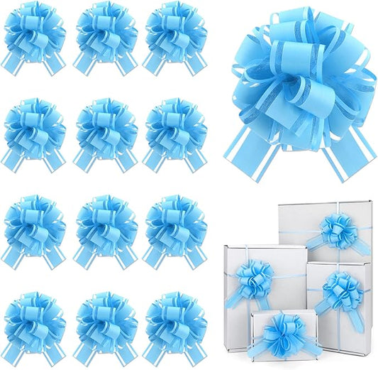 12 Pcs Blue Gift Bow Pull Bows for Gift Warpping Christmas Warp Ribbon Bow Party Birthday Wedding Solid Bows for Bikes Anniversary Boxes Flower Decorations Valentine's Day (Light Blue-E)
