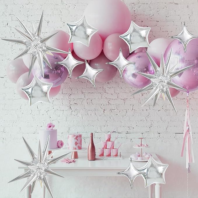 TONIFUL 30Pcs Silver Explosion Star Foil Balloons Set Four Pointed Star Shape Foil Balloons Star Mylar Foil Balloons for Birthday Wedding Baby Shower Anniversary Engagement Party Decorations Supplies