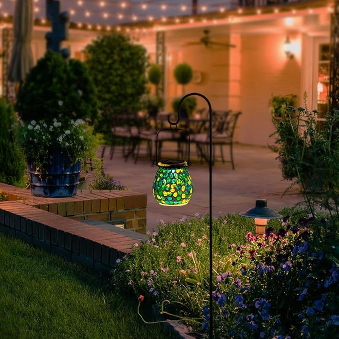 Starsoul 2 Pack Solar Lanterns Outdoor Waterproof, Unique Green Mosaic Glass Solar Garden Lights, Decorative Outdoor Lantern for Outside Patio Pathway Porch Yard Table