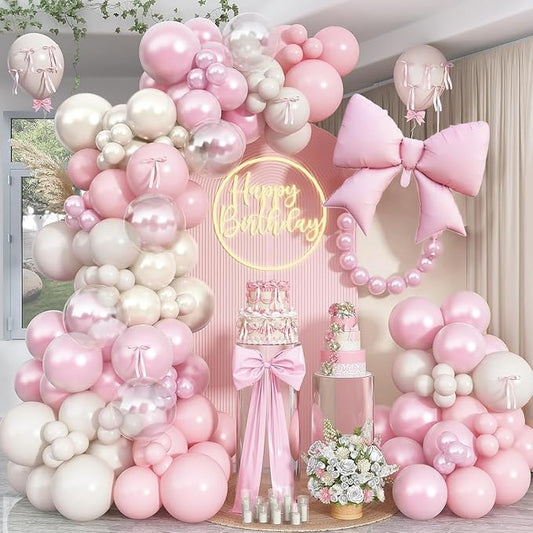Double Stuffed Pearl White and Pink Balloon Arch Garland Kit, Pearl White Beige with Pink Bow Foil Balloons for Girls Women Wedding Bridal Baby Shower Bachelorette Coquette Birthday Party Decorations