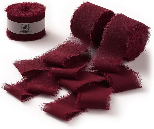 DORIS HOME Burgundy Chiffon Ribbon for Flower Bouquet, 1" x21Yd Fabric Ribbon for Gift Wrapping, Handmade Frayed Ribbon for Wedding Invitations/Christmas Decorations