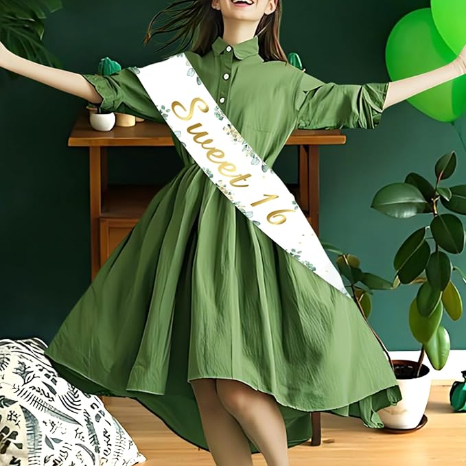 Sage Green 16th Birthday Decorations Sweet 16 Birthday Sash for Girls Women Greenery 16th Birthday Party Favors Happy 16-Year-Old Bday Party Decoration Supplies Photo Prop Photography