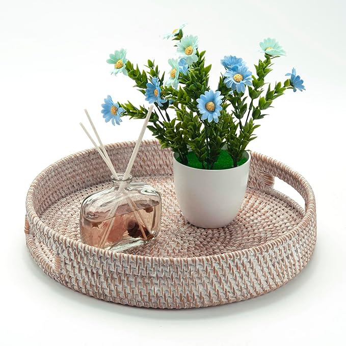 11.8" Round Rattan Tray, Hand Woven Serving Tray with Handles, Wicker Serving Basket, Decorative Tray for Home Decor, Whitewash