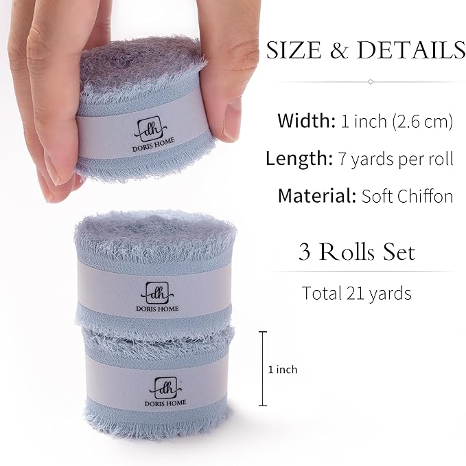 DORIS HOME Dusty Blue Chiffon Ribbon for Flower Bouquet, 1" x21Yd Fabric Ribbon for Gift Wrapping, Handmade Frayed Ribbon for Wedding Invitations/Christmas Decorations