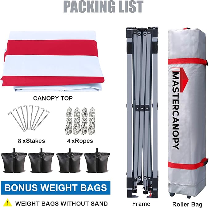 MASTERCANOPY Durable Pop-up Canopy Tent with Roller Bag (10x10, Red Stripe)