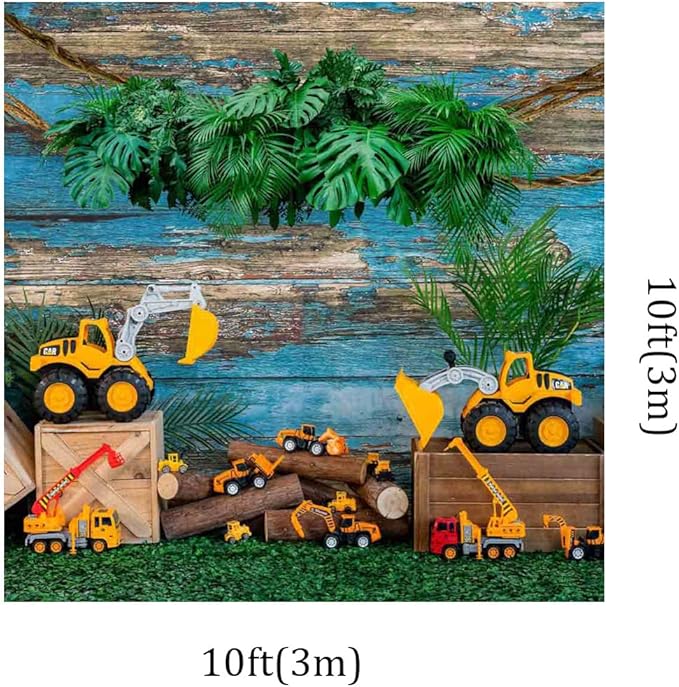 Kate 10x10ft Engineering Vehicle Toy Car Decoration Background Photo Studio Blue Weathered Wooden Spring Green Plants Photographic Backdrops Children Boy Birthday Party Props Backdrop